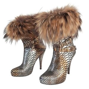 Gizia High Heel Fur Trim Ankle Boots Women Size 36 EU Metallic Snakeskin Buckle